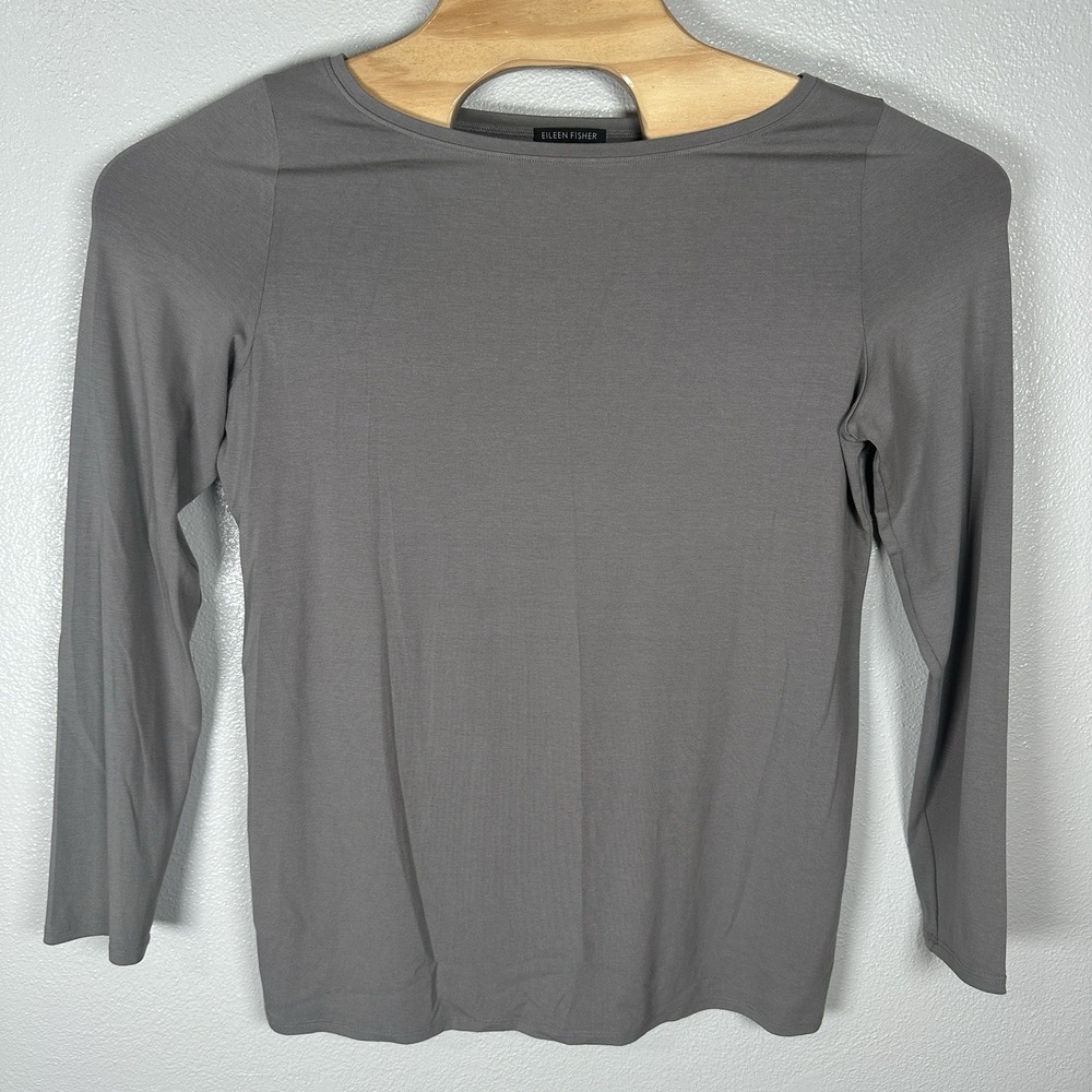 Eileen Fisher Tunic Top Womens Large Gray Jersey Knit Long Sleeve Stretch Basic